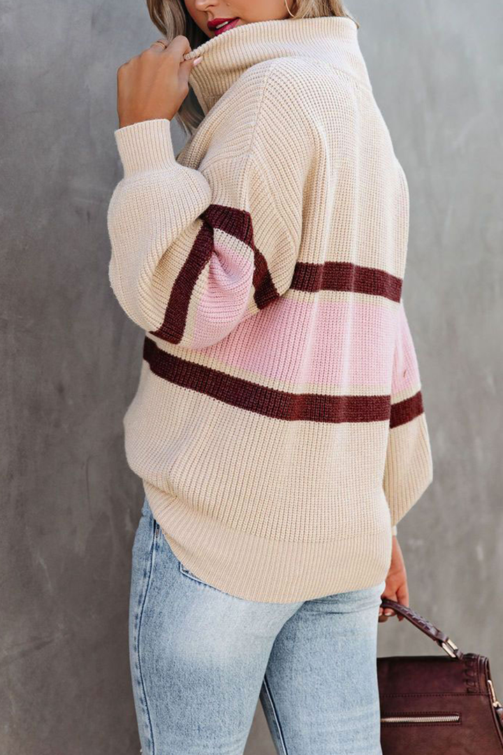 Gemütlicher lässiger Strickpullover mit Reißverschluss und Patchwork-Kragen