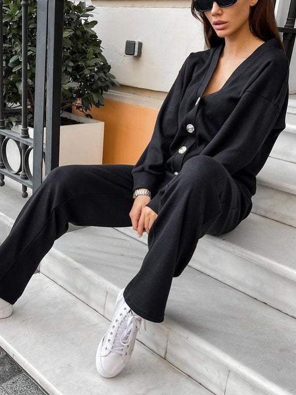 Gemütliches lässiges V-Ausschnitt Pullover- und Hose-Set