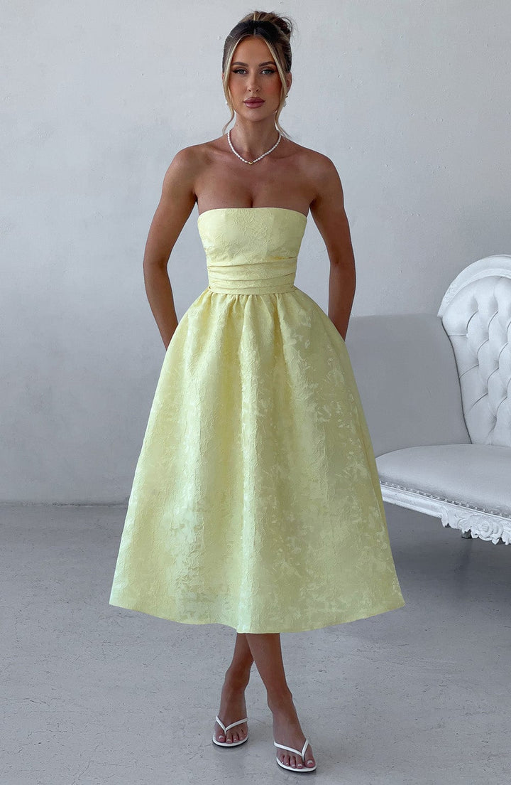 Floraler Jacquard Trägerloser Plissierter Midikleid Zitrone