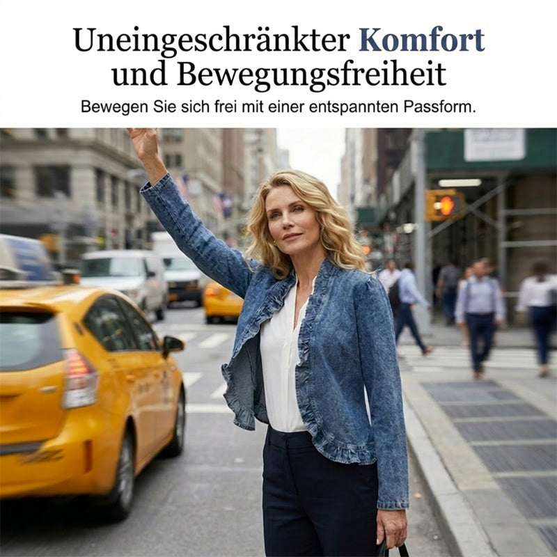 Damen-Jeansjacke mit Rüschensaum und offenem Verschluss