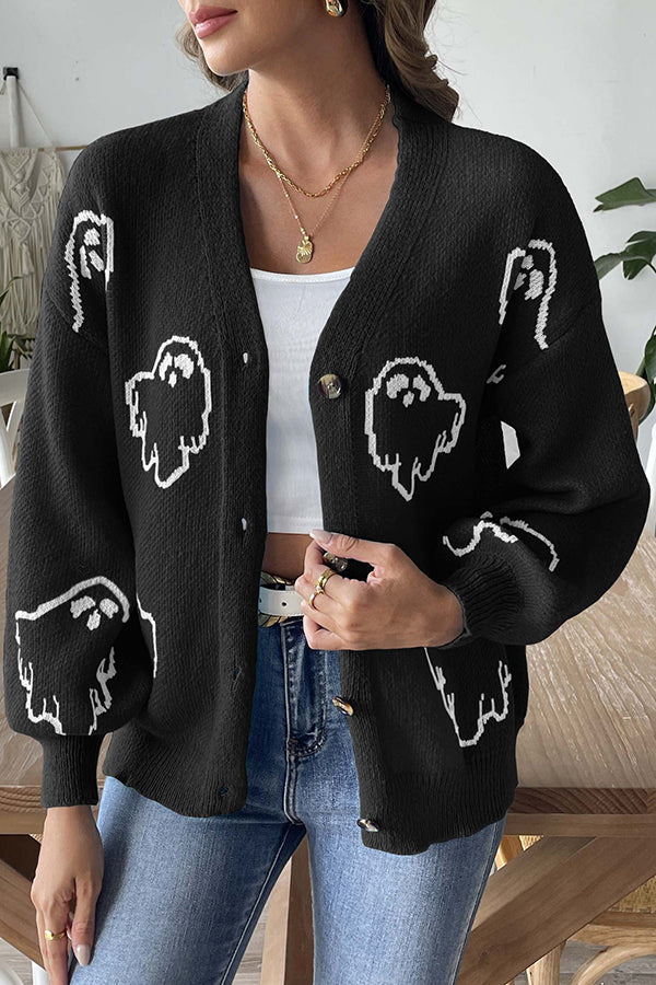 Gemütlicher Halloween-Geister-Strickpullover mit Knopfleiste