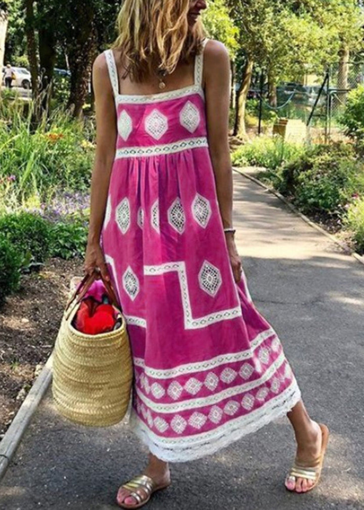 Gelbes Boho-Muster Maxikleid mit quadratischem Ausschnitt