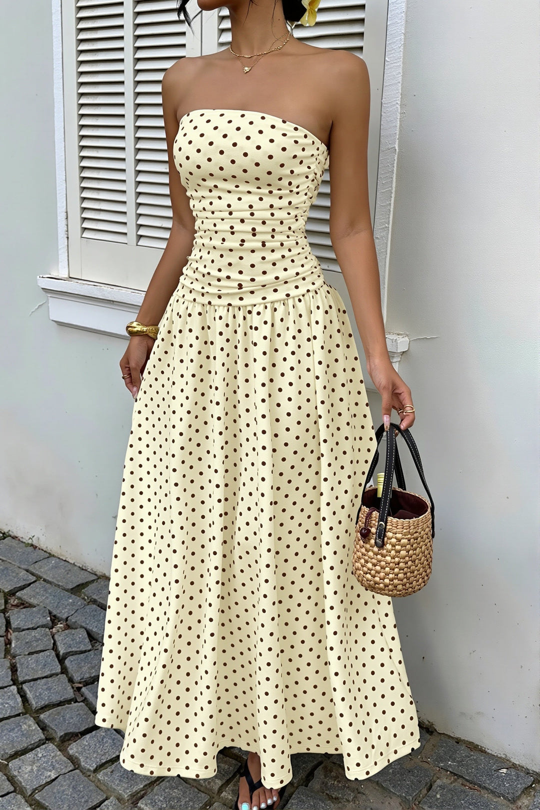 Damenkleid in Maxilänge mit Polka Dots, ärmellos und figurbetont
