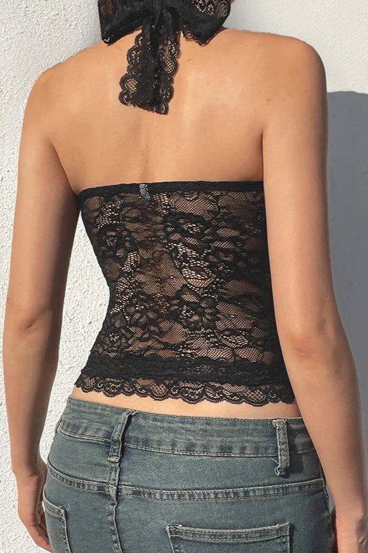 Spitzenvolant Schlanke Passform Neckholder Top Schwarz Damen