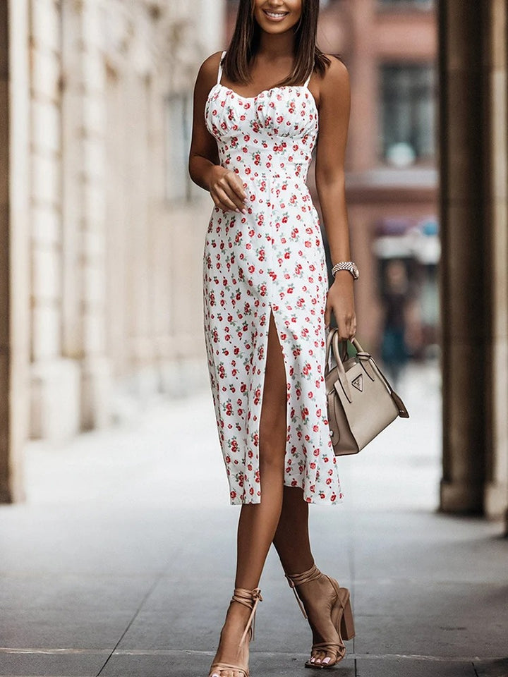 Kalentha® | Rotes Trägerkleid mit Schlitz und Blumenprint