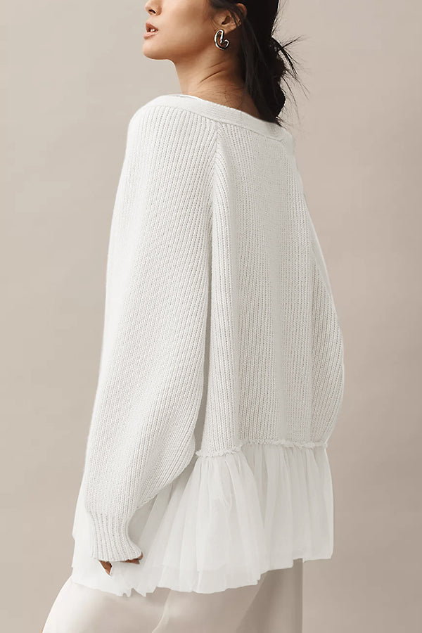 Strick-Cardigan mit Mesh-Rüsche und langen Ärmeln