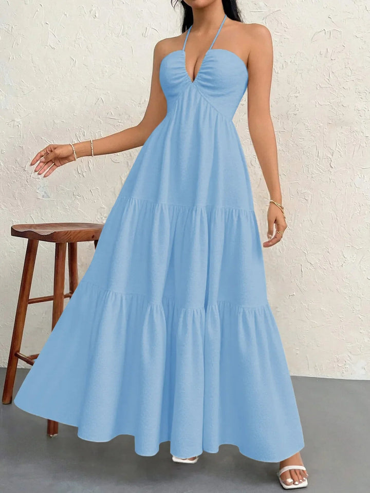 Maxikleid mit Neckholder und Stufen aus transparentem Polyester