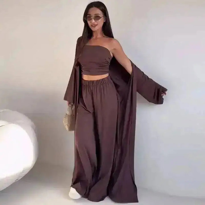 Damen Lässiges Trägerloses Top Langstrickjacke Weite Hosen Set