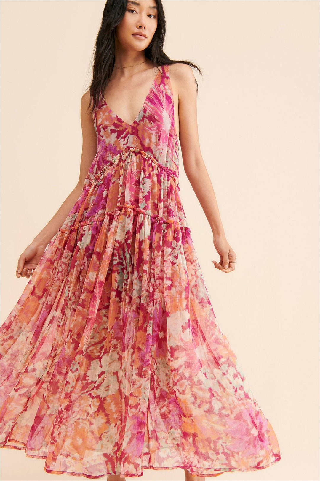 Damen-Maxikleid mit Blumenprint und Volantsaum in voller Länge, Vorderansicht