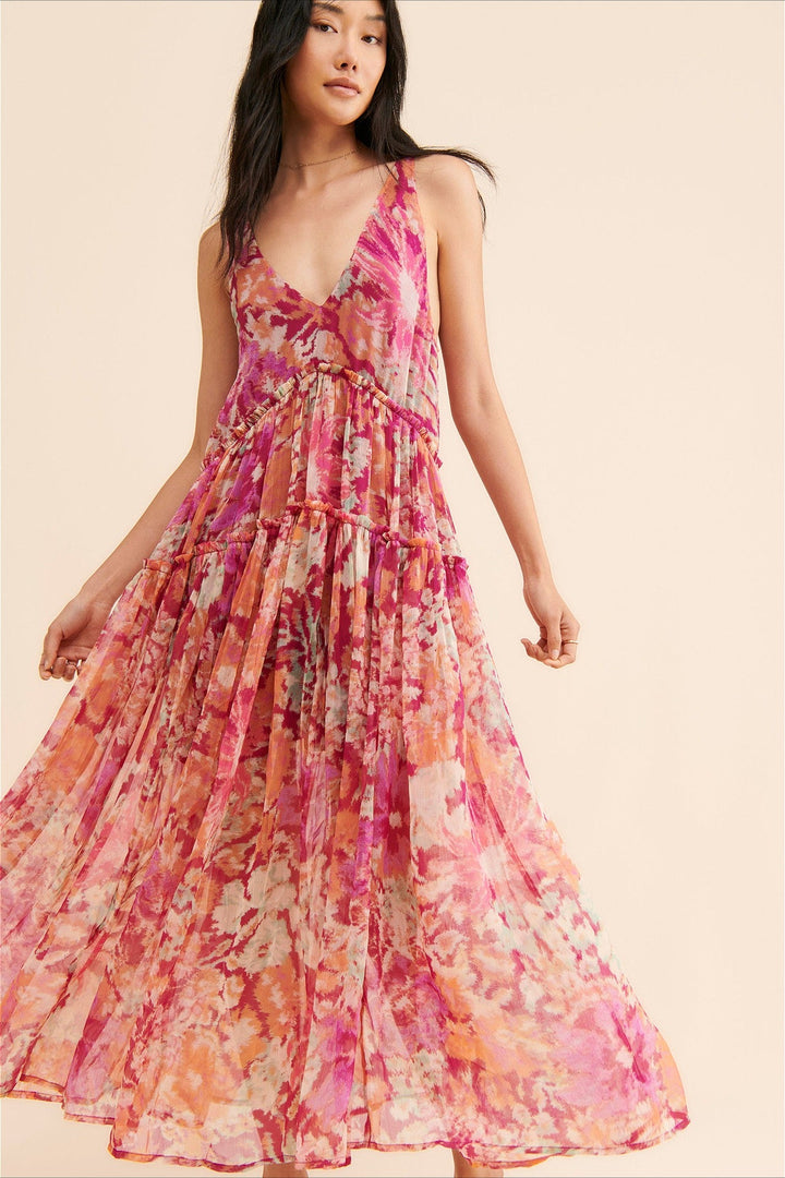 Damen-Maxikleid mit Blumenprint und Volantsaum in voller Länge, Vorderansicht