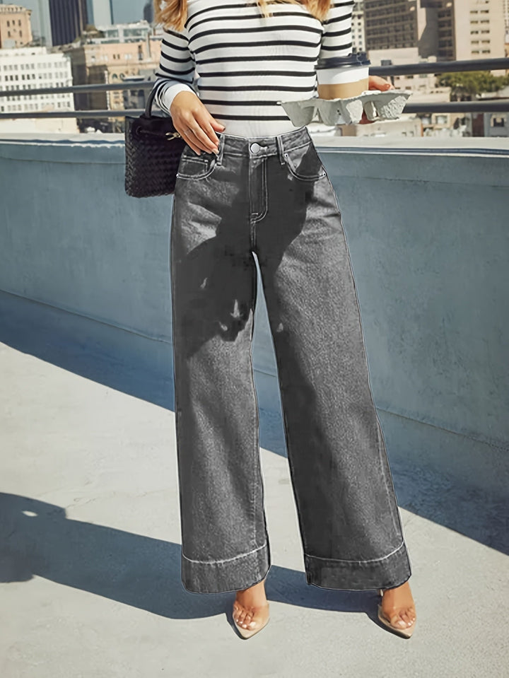 High-Waist Weite Stretch-Denim-Jeans mit umgeschlagenem Saum