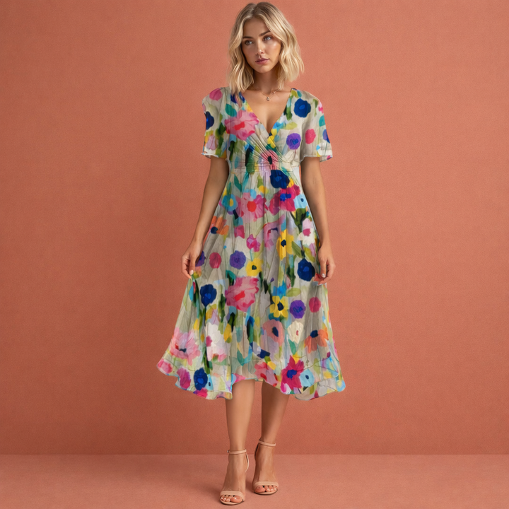 Midi-Kleid mit Blumenmuster und kurzen Ärmeln für Damen