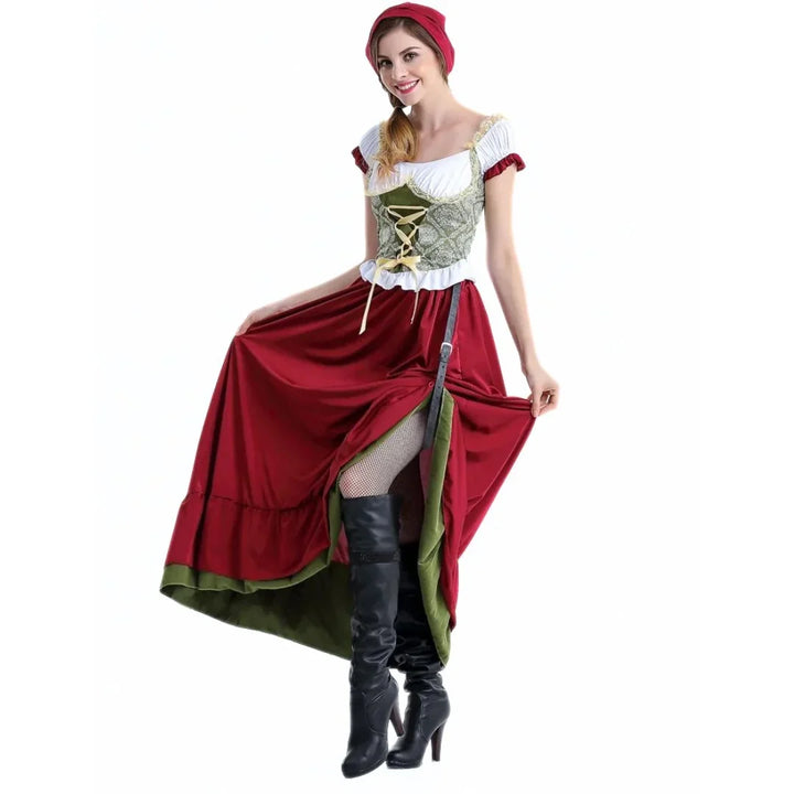 Damen-Dirndl mit bayerischer Schnürbrust und passender Schürze in der Vorderansicht