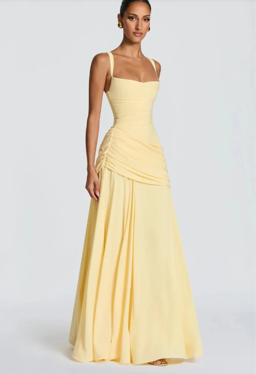 Gelbes gerafftes Drapiertes Maxikleid