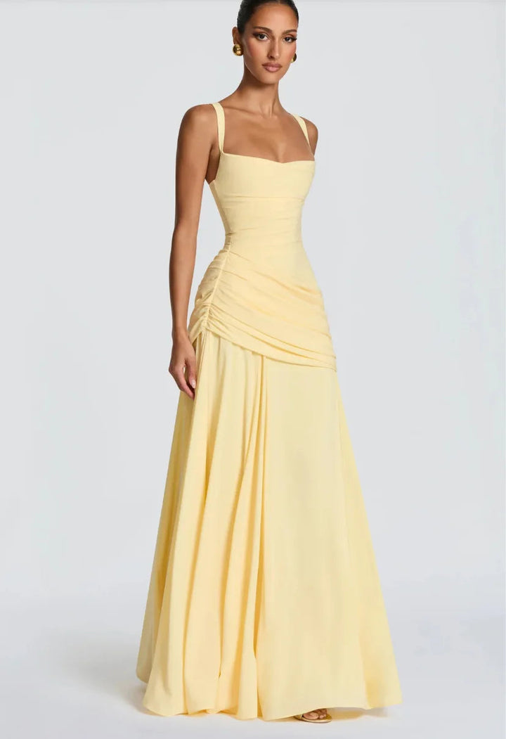 Gelbes gerafftes Drapiertes Maxikleid