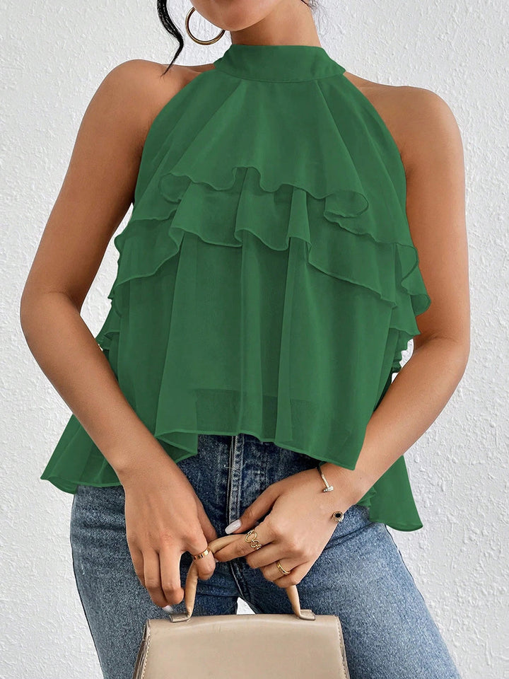 Damen Neckholder Tanktop Aus Chiffon Mit Volantbesatz