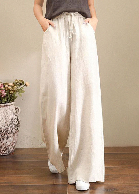 Französisch graue Leinenhose mit weitem Bein, elastischem Bund und Taschen
