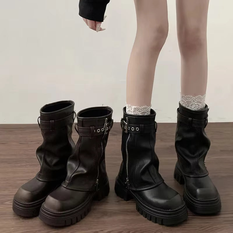 Damen Plateau-Biker-Stiefeletten mit Schnallen