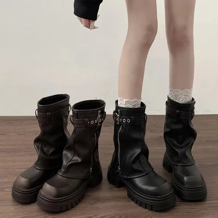Damen Plateau-Biker-Stiefeletten mit Schnallen