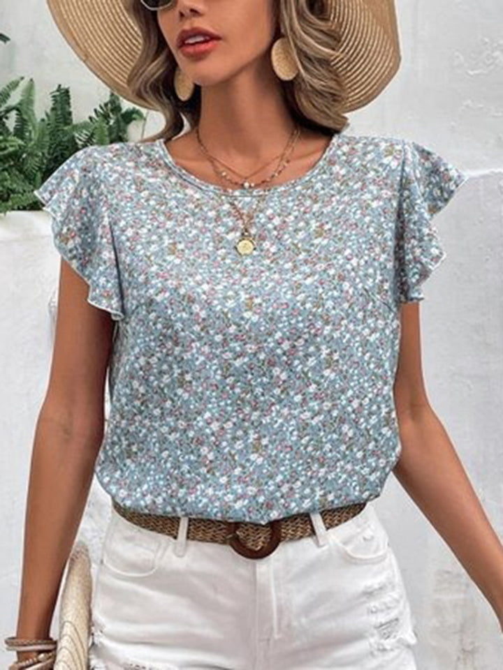 Kleines Blumenmuster Top mit Cap-Ärmeln und rundem Ausschnitt