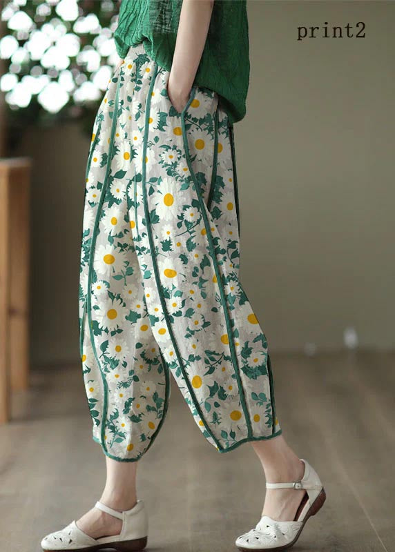 Weiße Haremshose aus Leinen mit Patchwork, Taschen und Streifen