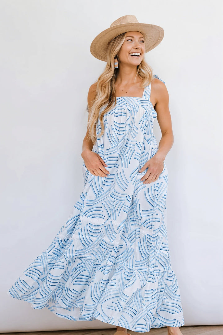 Damen Maxikleid mit Print und Bindeträgern in voller Länge vorne