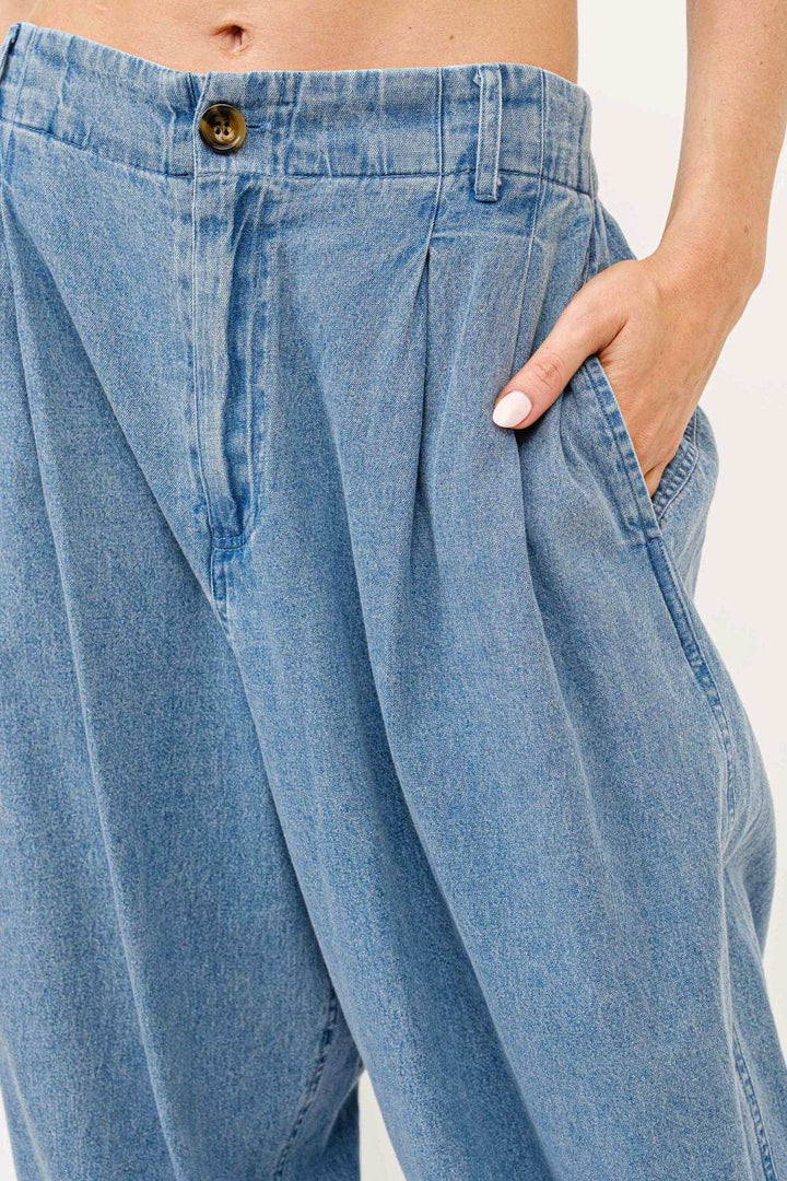 Damen Elastische Taille Faltenlockige Baggy-Jeans