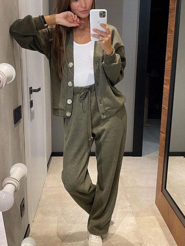 Gemütliches lässiges V-Ausschnitt Pullover- und Hose-Set