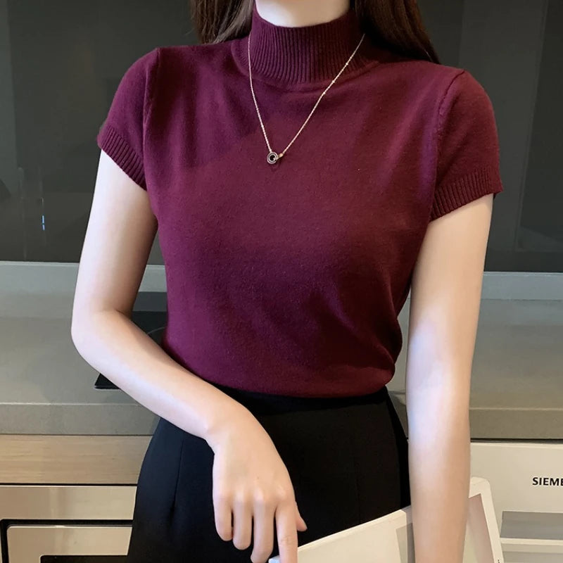 Damen T-Shirt mit Stehkragen aus dehnbarem Strick, lockere Passform