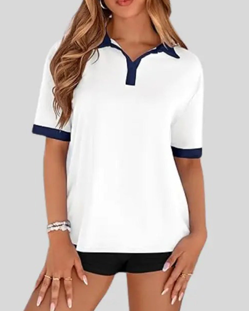 Nahaufnahme von Polo-Kragen und Colorblock-Muster am Damen Poloshirt
