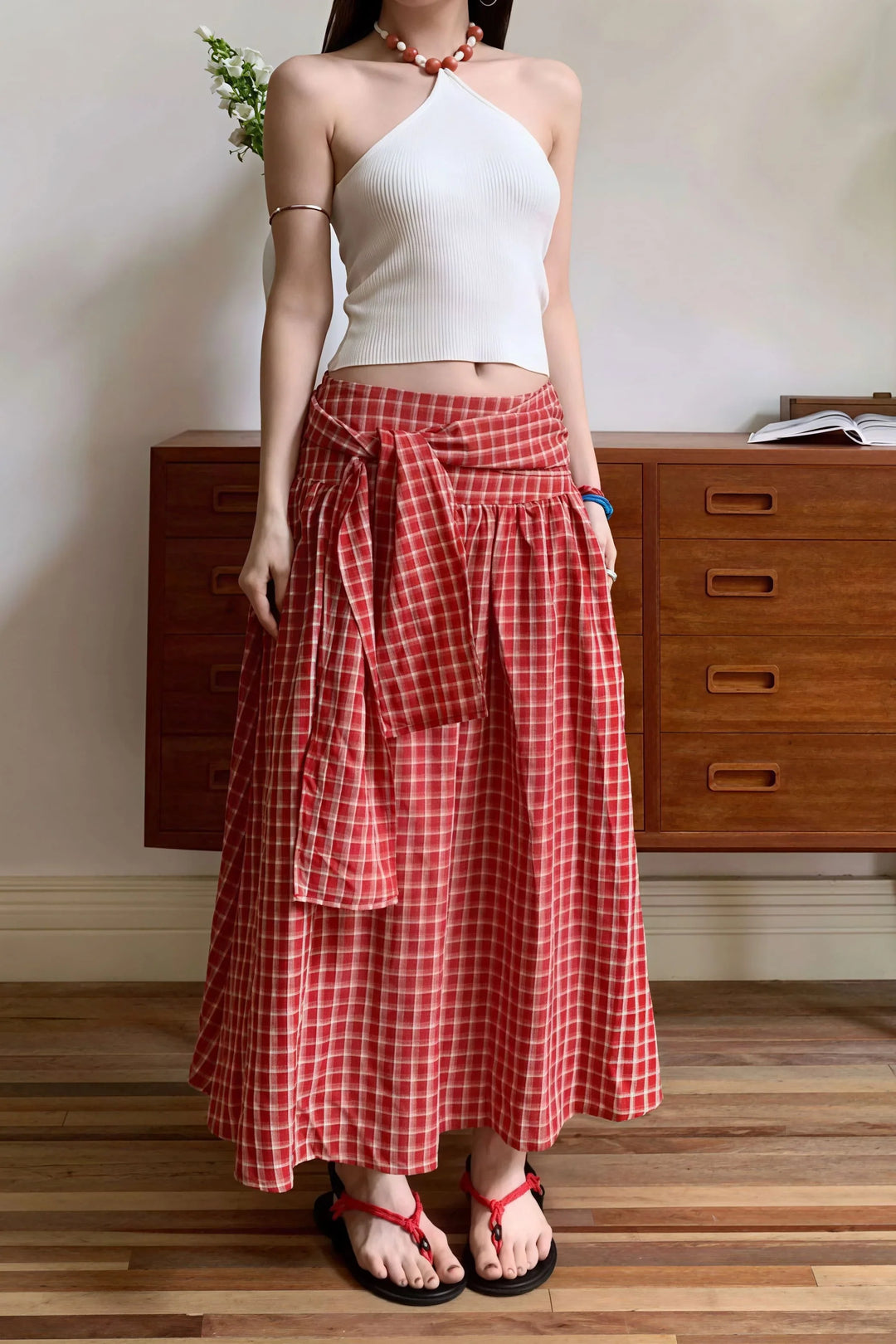 Karierter Polyester A-Linien Midirock Rot und Schwarz