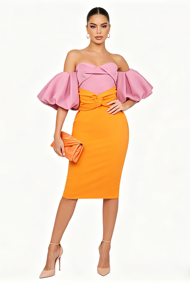 Midikleid mit Farbblock und Puffärmeln