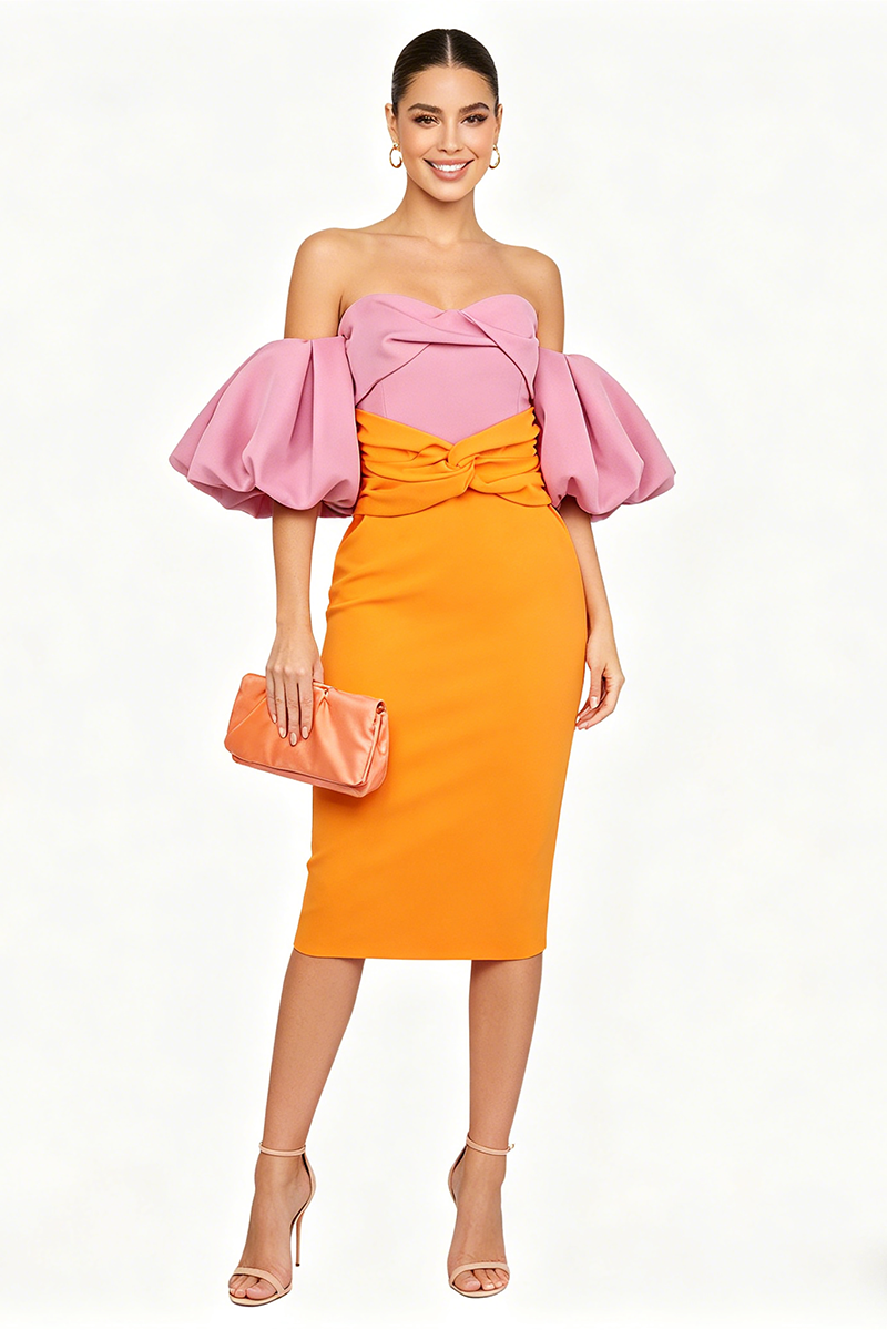 Midikleid mit Farbblock und Puffärmeln