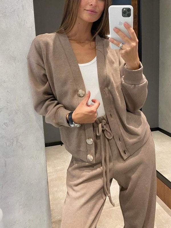Gemütliches lässiges V-Ausschnitt Pullover- und Hose-Set