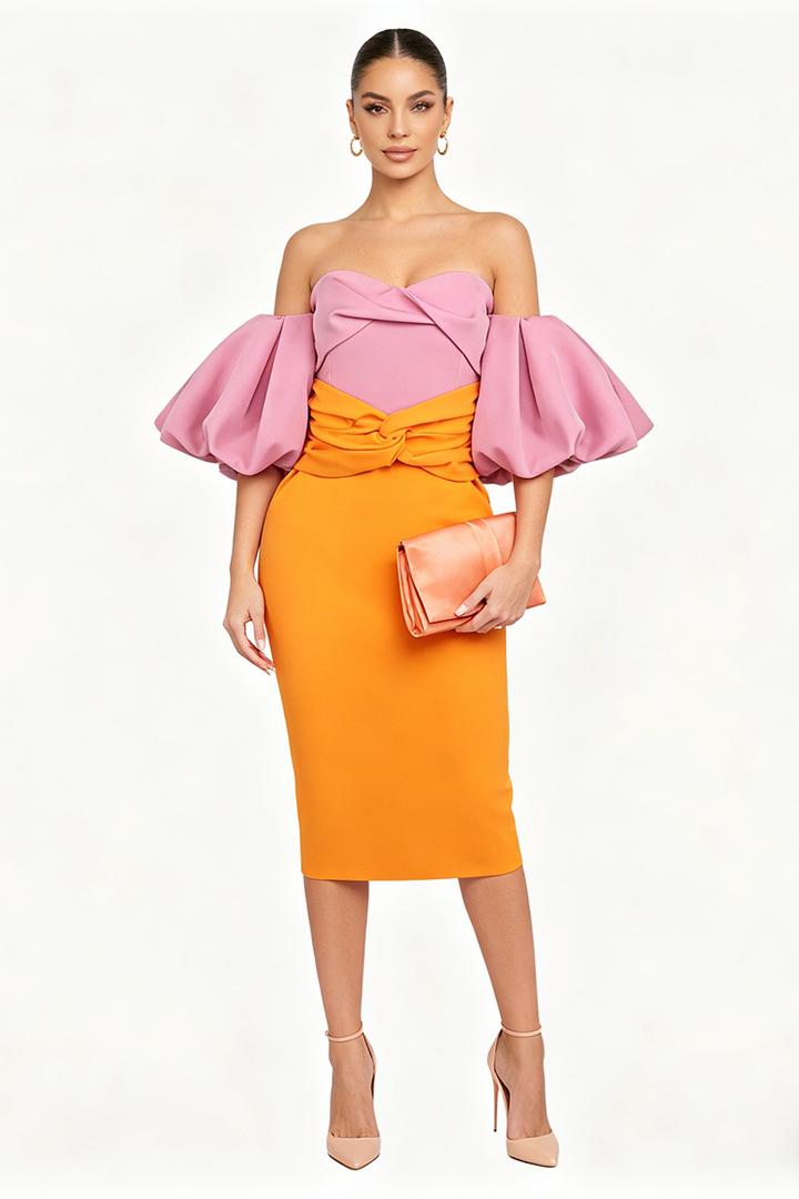 Midikleid mit Farbblock und Puffärmeln
