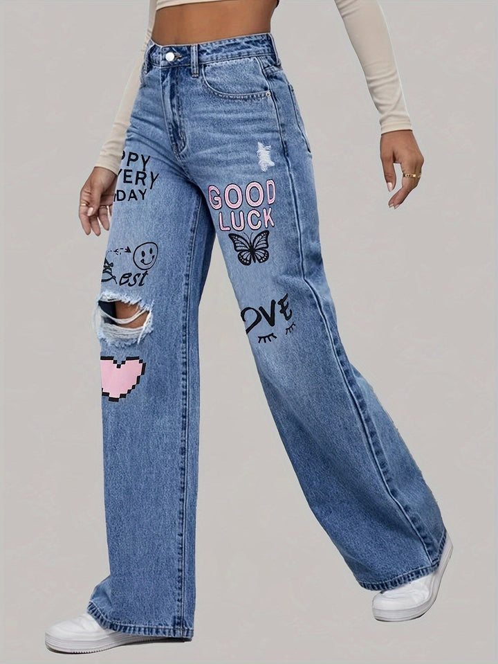 Kräftige Grafik High-Waist Weite Denim-Jeans