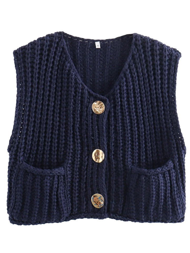 Damen Strickcardigan Ärmellos Mit Knöpfen Und Taschen