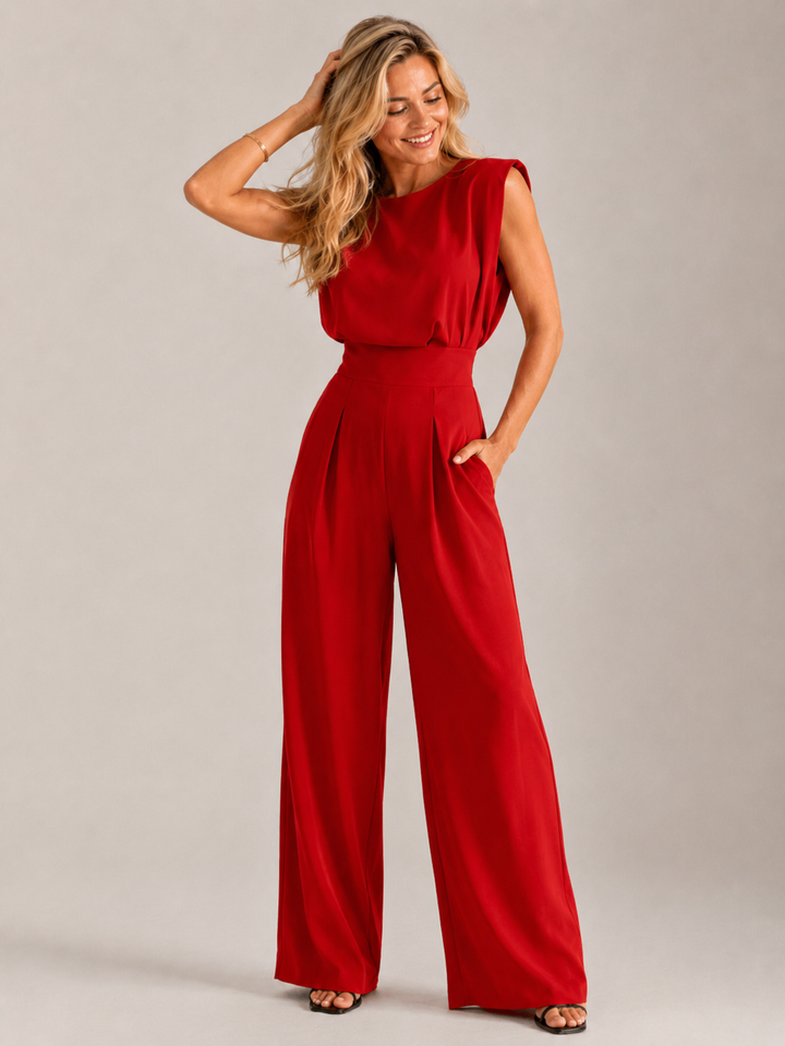 Damen Ärmelloser Jumpsuit mit V-Ausschnitt und Weiten Hosenbeinen