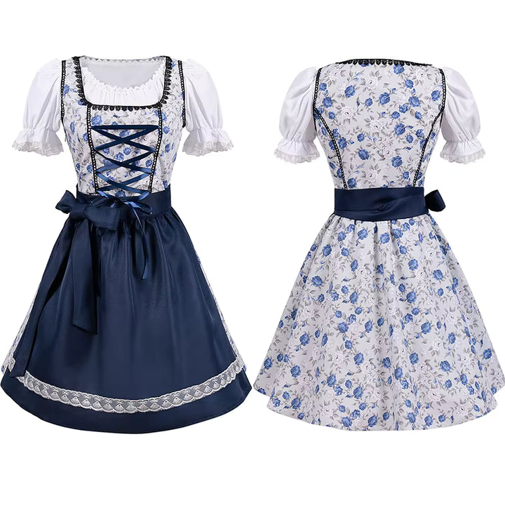 Damen Traditionelles Dirndlkleid aus Polyester-Baumwoll-Mischung Blau Blumenmuster