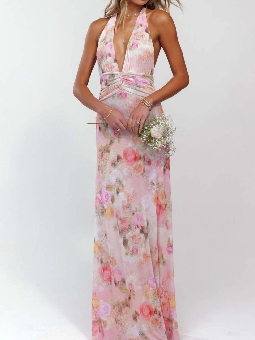 Maxikleid mit Blumenmuster, Neckholder und tiefem V-Ausschnitt