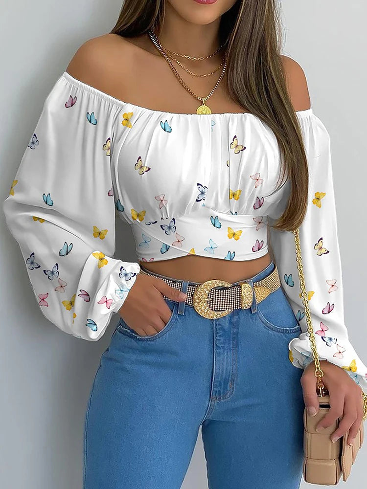 Damen Schulterfreie Kurzbluse mit leichten Ballonärmeln
