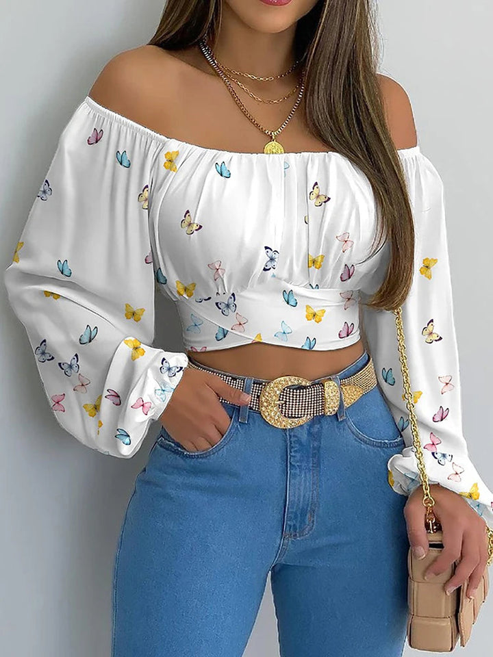 Damen Schulterfreie Kurzbluse mit leichten Ballonärmeln