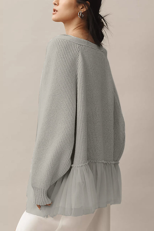 Strick-Cardigan mit Mesh-Rüsche und langen Ärmeln