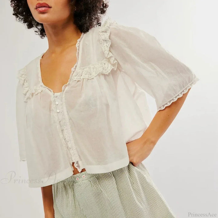 Damen-Chiffonbluse mit Rüschen und Spitzenbesatz, tiefem V-Ausschnitt