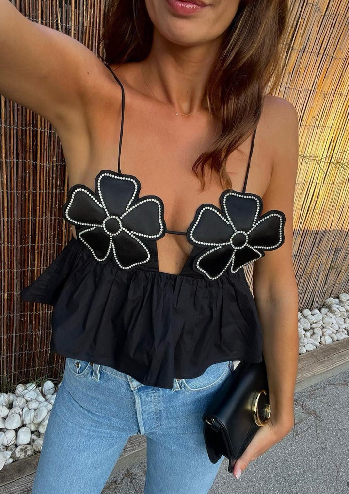 Damen Schwarzes Drapiertes V-Ausschnitt Top