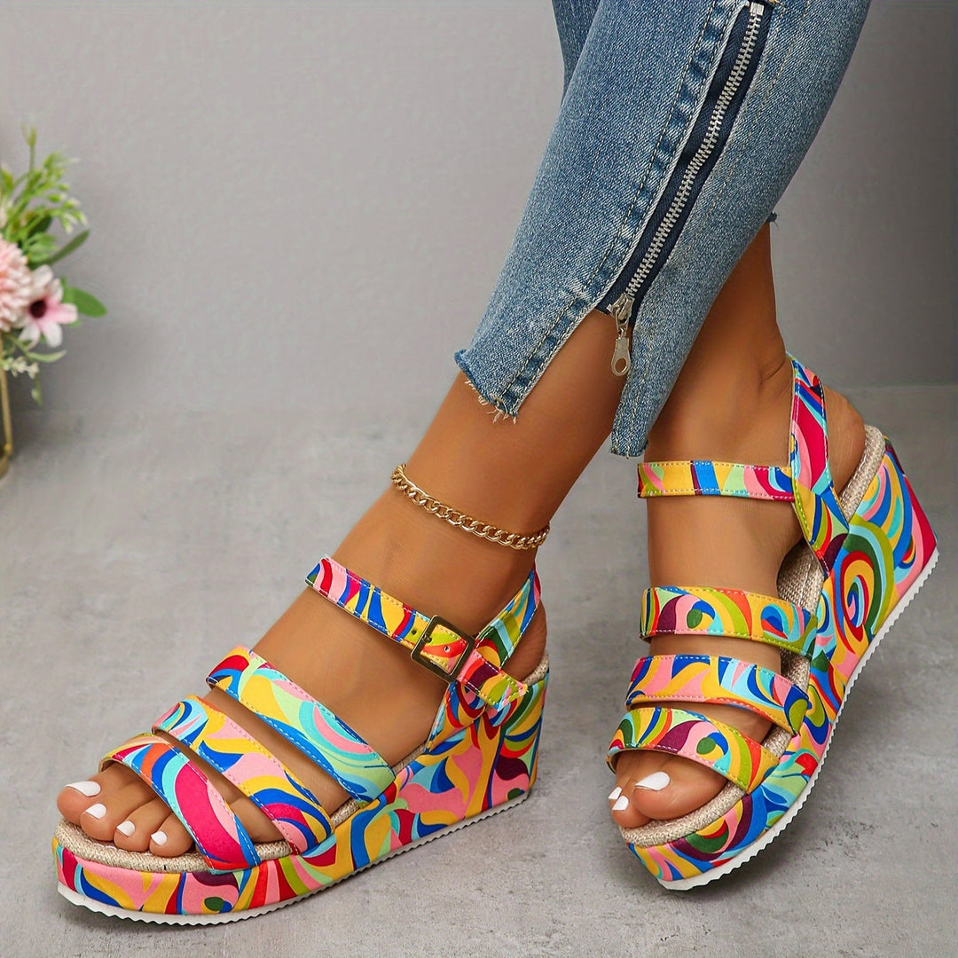 Bunte Damen Keilsandalen mit Keilabsatz in seitlicher Ansicht