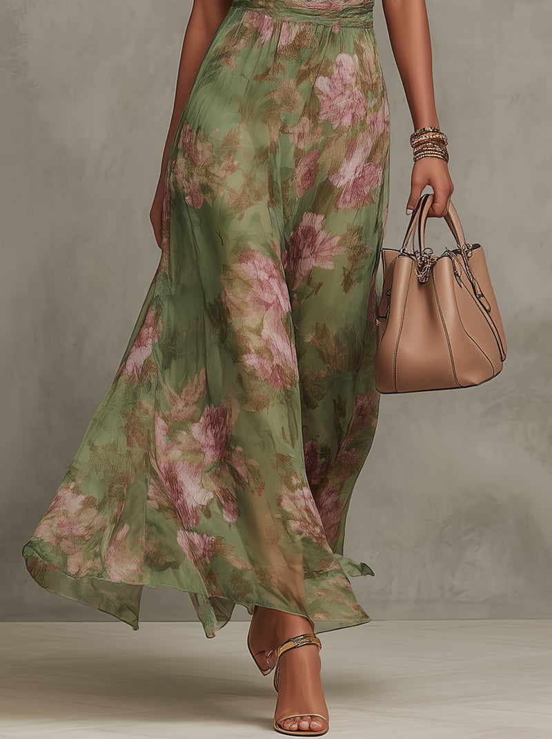 Grünes Blumenmuster Chiffon Maxikleid mit Neckholder