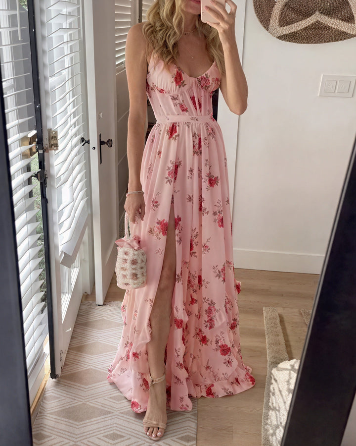 Damen Maxikleid mit Blumenprint und Seitenschlitz in Rückansicht