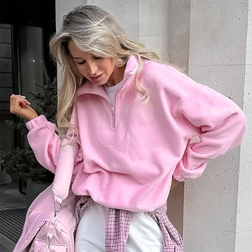 Damen Fleece Sweatshirt Stehkragen Reißverschluss Lässige Passform