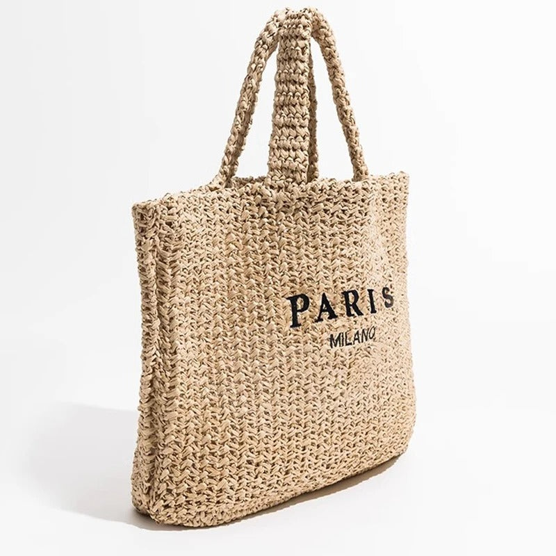 Helviora® | Geflochtene Strohtasche mit Schriftzug